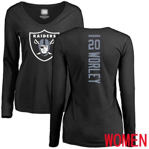 Oakland Raiders Black Women Daryl Worley Backer NFL Football #20 Long Sleeve T Shirt->nfl t-shirts->Sports Accessory